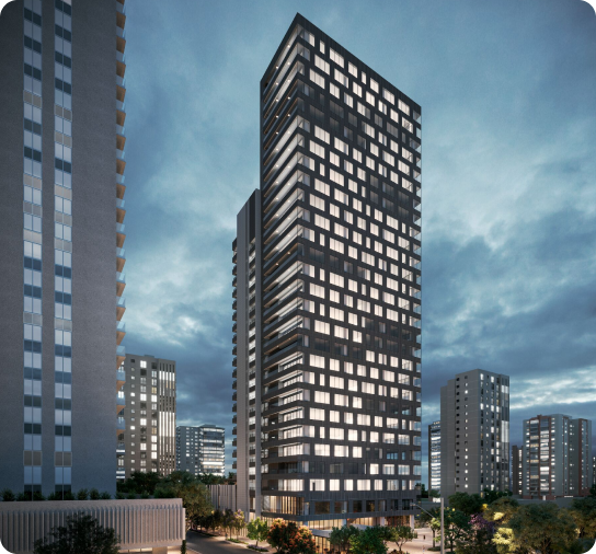 Fachada imponente do Edifício Metria 624 iluminada ao entardecer